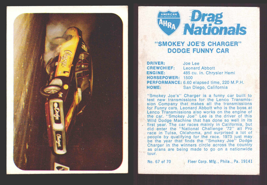 AHRA Drag Nationals 1971 Fleer USA White Trading Cards You Pick Singles #1-70 67 of 70   "Smokey Joe's Charger"          Dodge Funny Car  - TvMovieCards.com