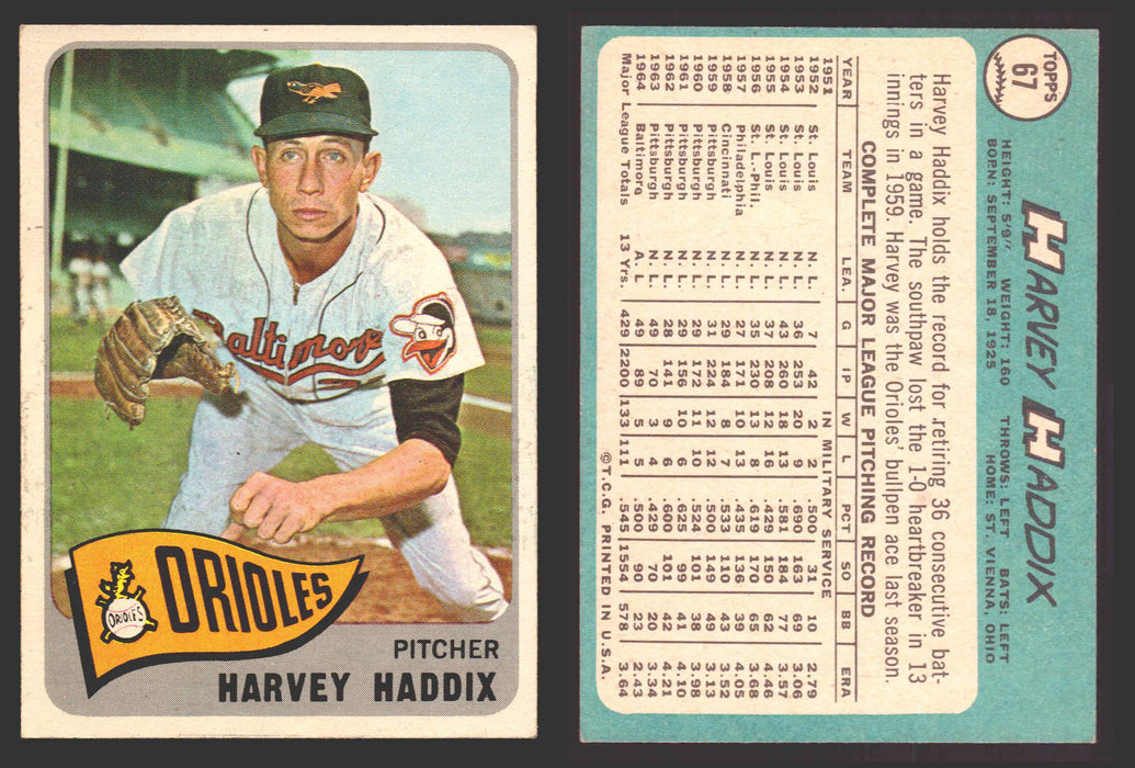 1965 Topps Baseball Trading Card You Pick Singles #1-#99 VG/EX #	67 Harvey Haddix - Baltimore Orioles  - TvMovieCards.com