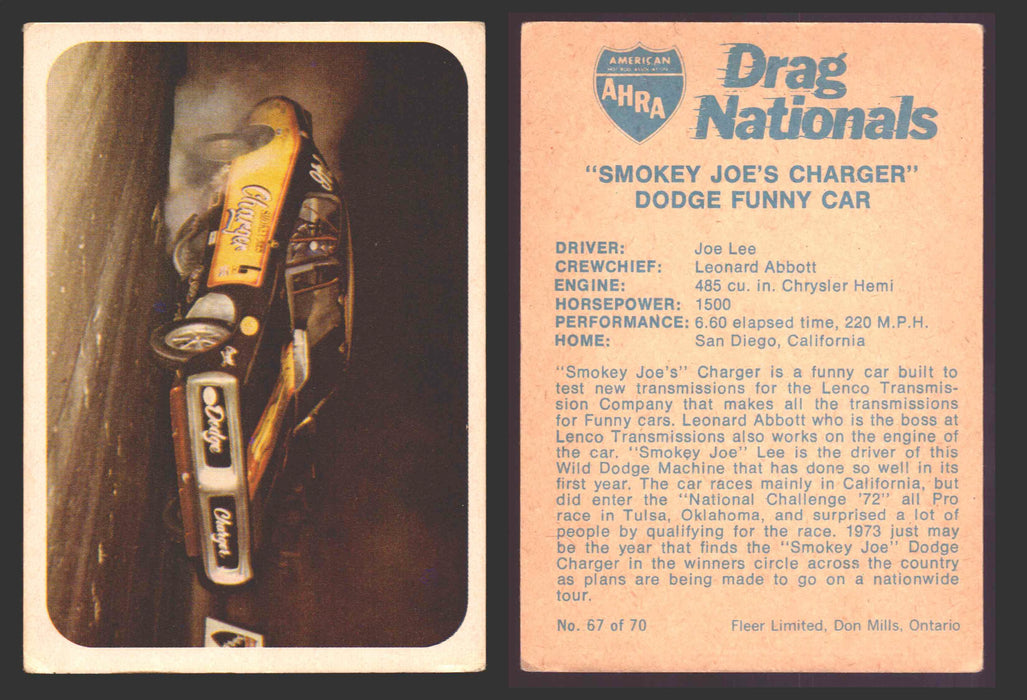 AHRA Drag Nationals 1971 Fleer Canada Trading Cards You Pick Singles #1-70 67 of 70   "Smokey Joe's Charger"          Dodge Funny Car  - TvMovieCards.com