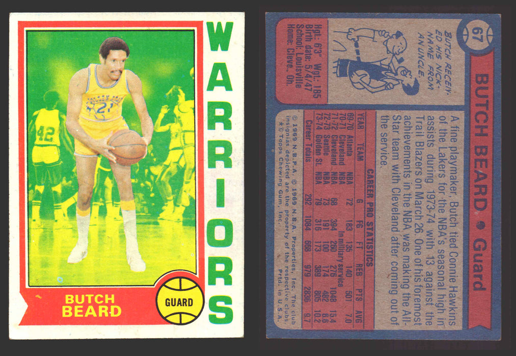 1974-75 Topps Basketball Trading Card You Pick Singles #1-#99 VG/EX #	67 Butch Beard - Golden State Warriors  - TvMovieCards.com