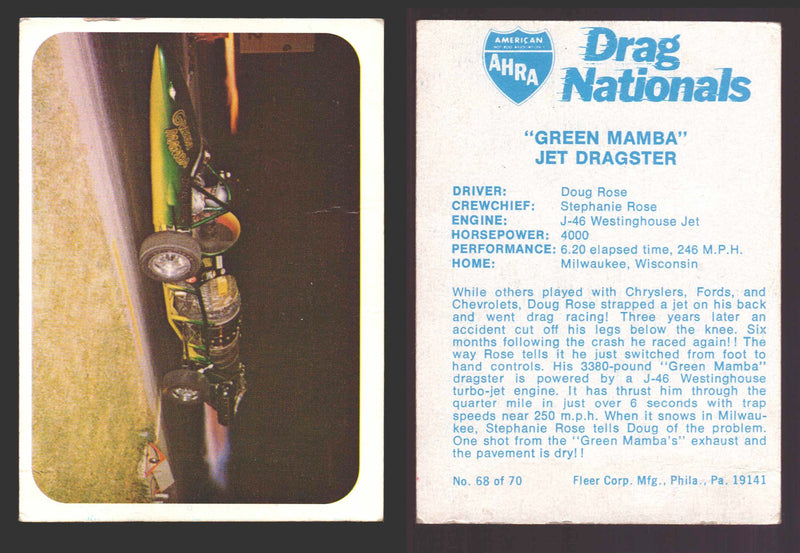 AHRA Drag Nationals 1971 Fleer USA White Trading Cards You Pick Singles #1-70 68 of 70   "Green Mamba"                   Jet Dragster  - TvMovieCards.com