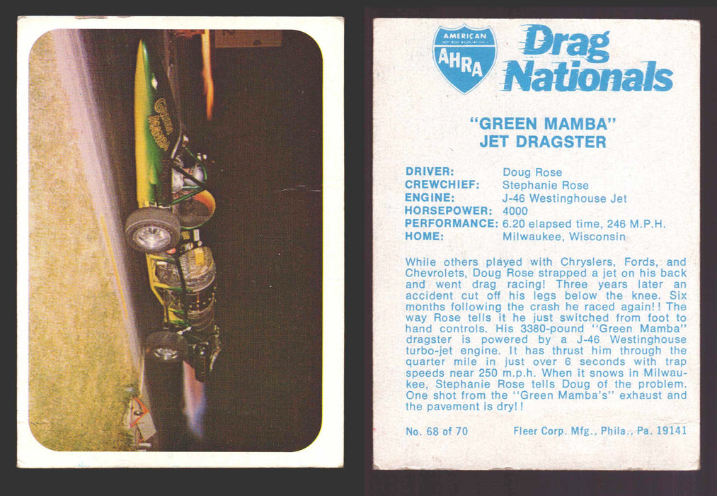 AHRA Drag Nationals 1971 Fleer USA White Trading Cards You Pick Singles #1-70 68 of 70   "Green Mamba"                   Jet Dragster  - TvMovieCards.com