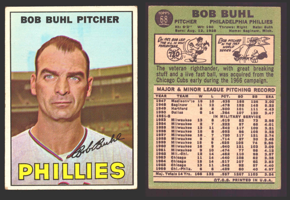 1967 Topps Baseball Trading Card You Pick Singles #1-#99 VG/EX #	68 Bob Buhl - Philadelphia Phillies  - TvMovieCards.com