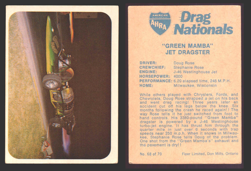 AHRA Drag Nationals 1971 Fleer Canada Trading Cards You Pick Singles #1-70 68 of 70   "Green Mamba"                   Jet Dragster  - TvMovieCards.com