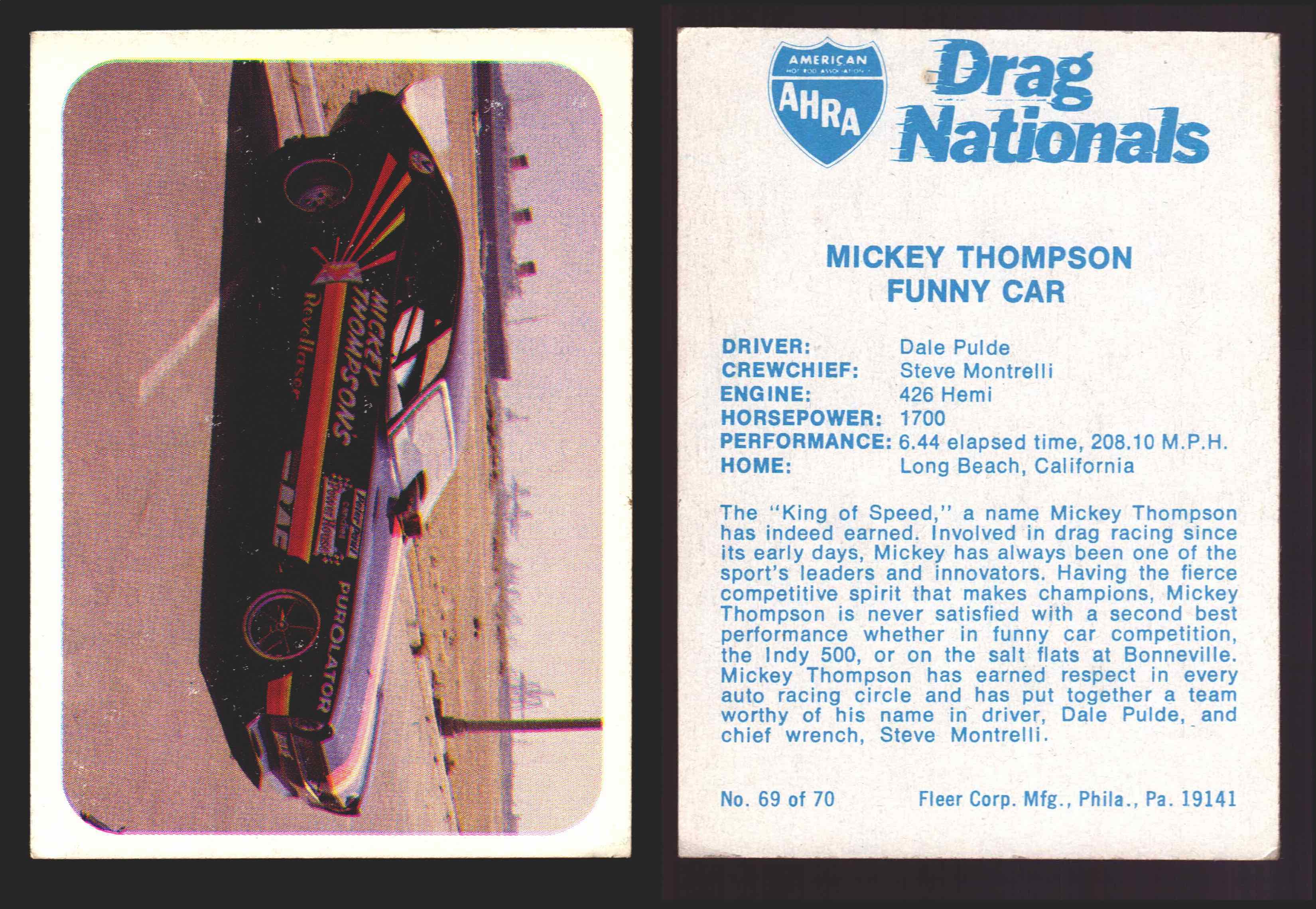 AHRA Drag Nationals 1971 Fleer USA White Trading Cards You Pick