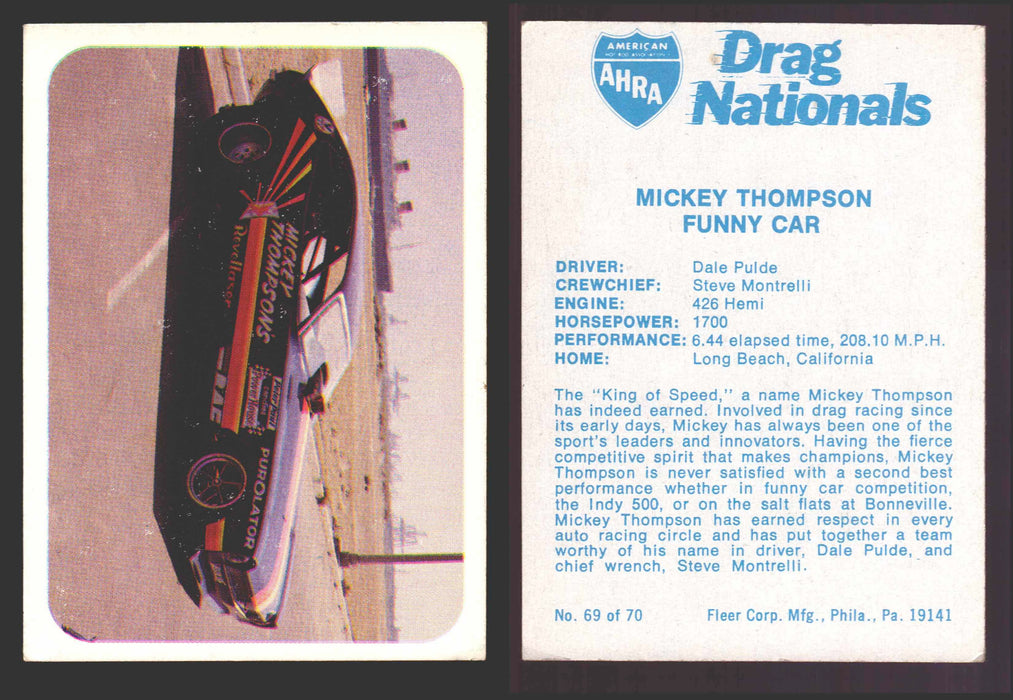 AHRA Drag Nationals 1971 Fleer USA White Trading Cards You Pick Singles #1-70 69 of 70   Mickey Thompson                 Funny Car  - TvMovieCards.com