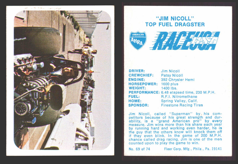 Race USA AHRA Drag Champs 1973 Fleer Vintage Trading Cards You Pick Singles 69 of 74   "Jim Nicoll"  - TvMovieCards.com