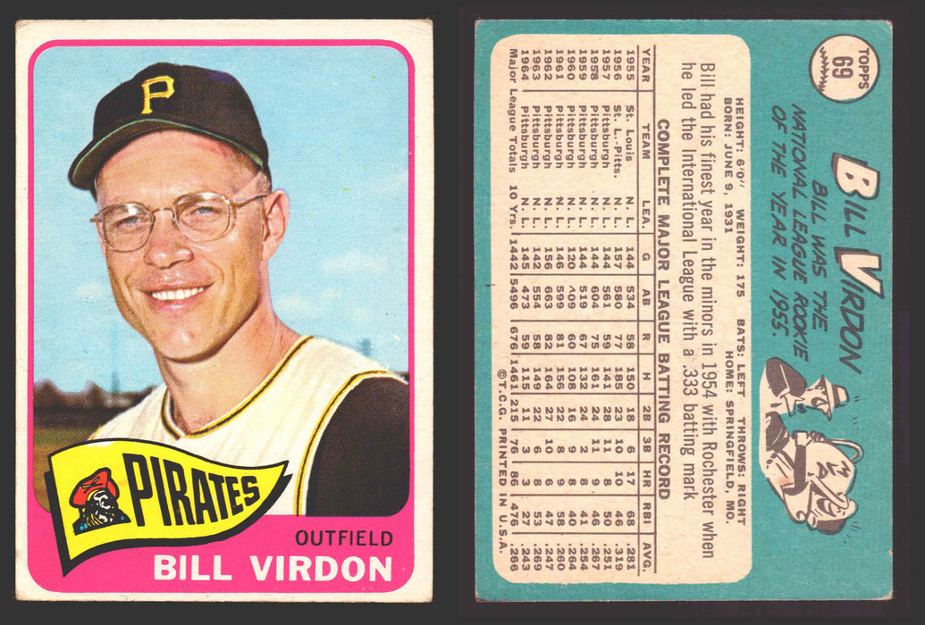 1965 Topps Baseball Trading Card You Pick Singles #1-#99 VG/EX #	69 Bill Virdon - Pittsburgh Pirates  - TvMovieCards.com