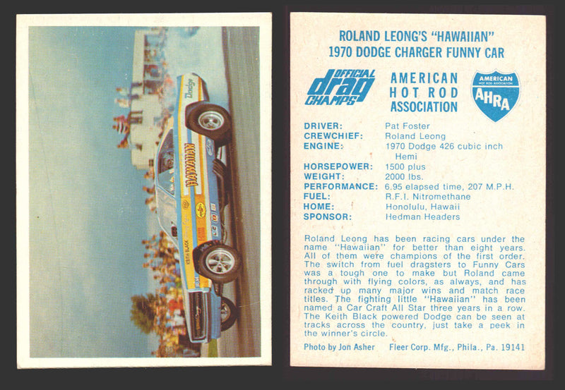AHRA Official Drag Champs 1971 Fleer Vintage Trading Cards You Pick Singles #1-6 6 Roland Leong's "Hawaiian" 1970 Dodge Charger Funny Car - TvMovieCards.com