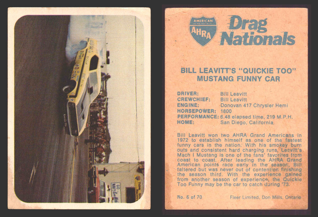 AHRA Drag Nationals 1971 Fleer Canada Trading Cards You Pick Singles #1-70 6 of 70   Bill Leavitt's "Quickie Too"    Mustang Funny Car  - TvMovieCards.com