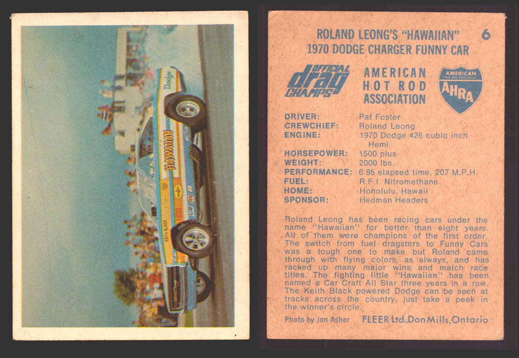 AHRA Official Drag Champs 1971 Fleer Canada Trading Cards You Pick Singles #1-63 6   Roland Leong's "Hawaiian"                        1970 Dodge Charger Funny Car  - TvMovieCards.com