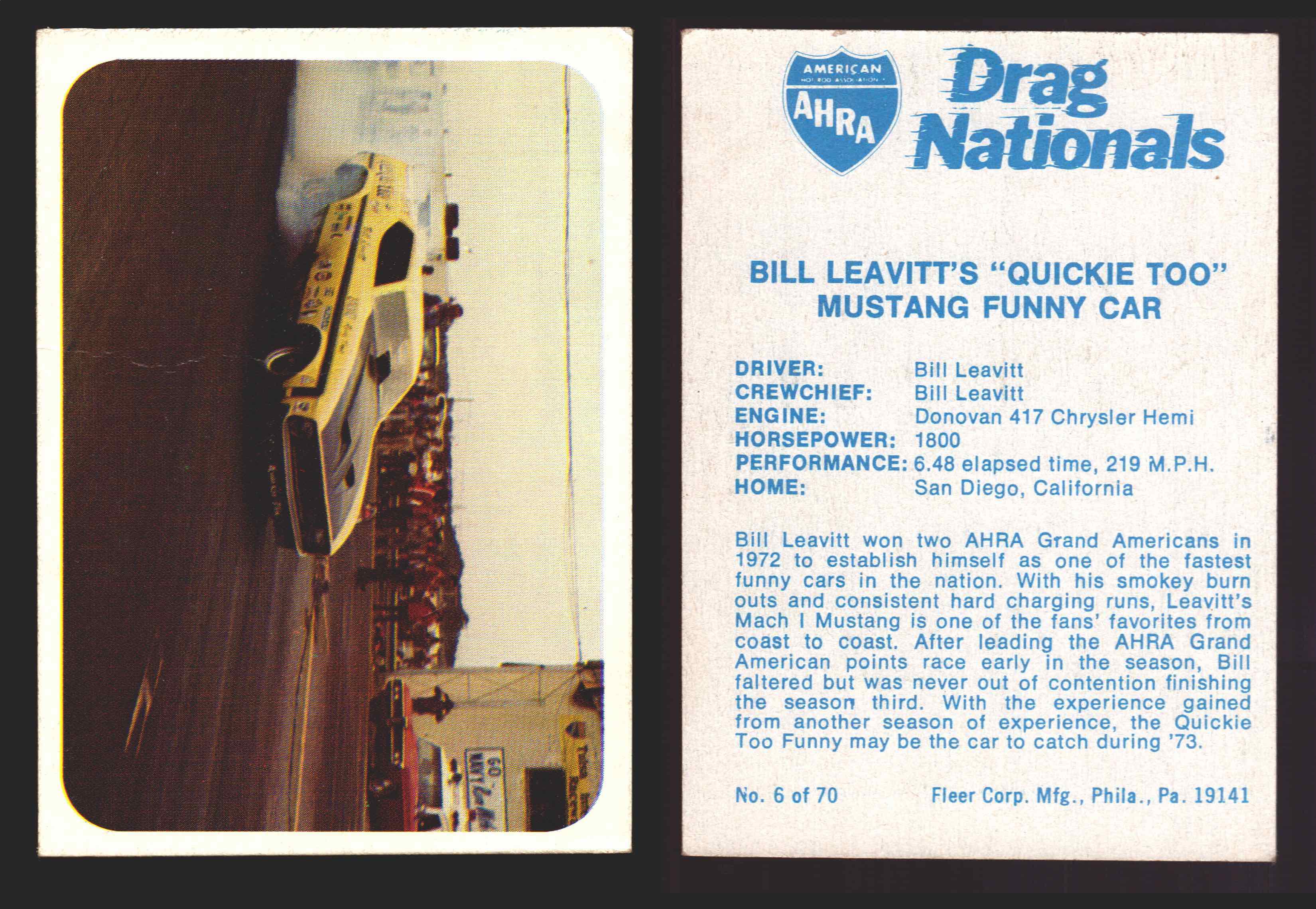 AHRA Drag Nationals 1971 Fleer USA White Trading Cards You Pick