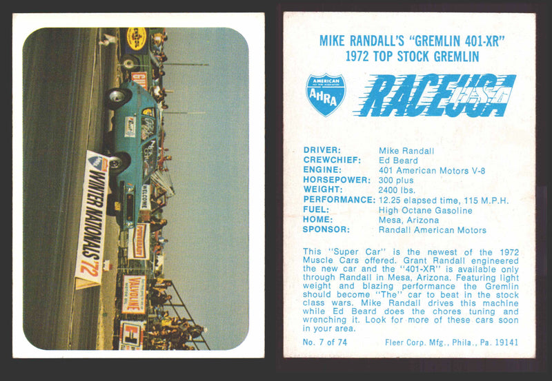 Race USA AHRA Drag Champs 1973 Fleer Vintage Trading Cards You Pick Singles 7 of 74    Mike Randall's "Gremlin 401XR"  - TvMovieCards.com