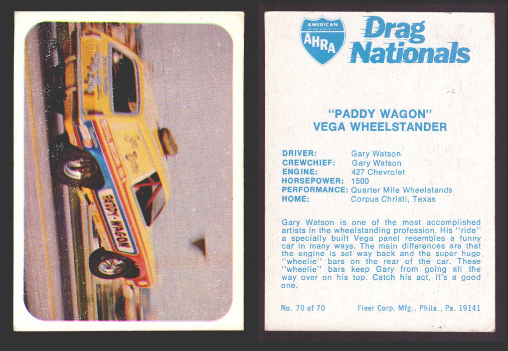AHRA Drag Nationals 1971 Fleer USA White Trading Cards You Pick Singles #1-70 70 of 70   "Paddy Wagon"                   Vega Wheelstander  - TvMovieCards.com