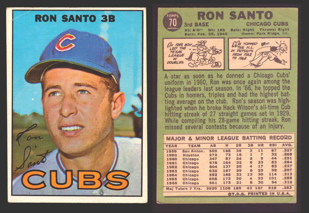 1967 Topps Baseball Trading Card You Pick Singles #1-#99 VG/EX #	70 Ron Santo - Chicago Cubs (creased)  - TvMovieCards.com
