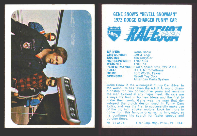 Race USA AHRA Drag Champs 1973 Fleer Vintage Trading Cards You Pick Singles 71 of 74   Gene Snow's "Revell Snowman"  - TvMovieCards.com
