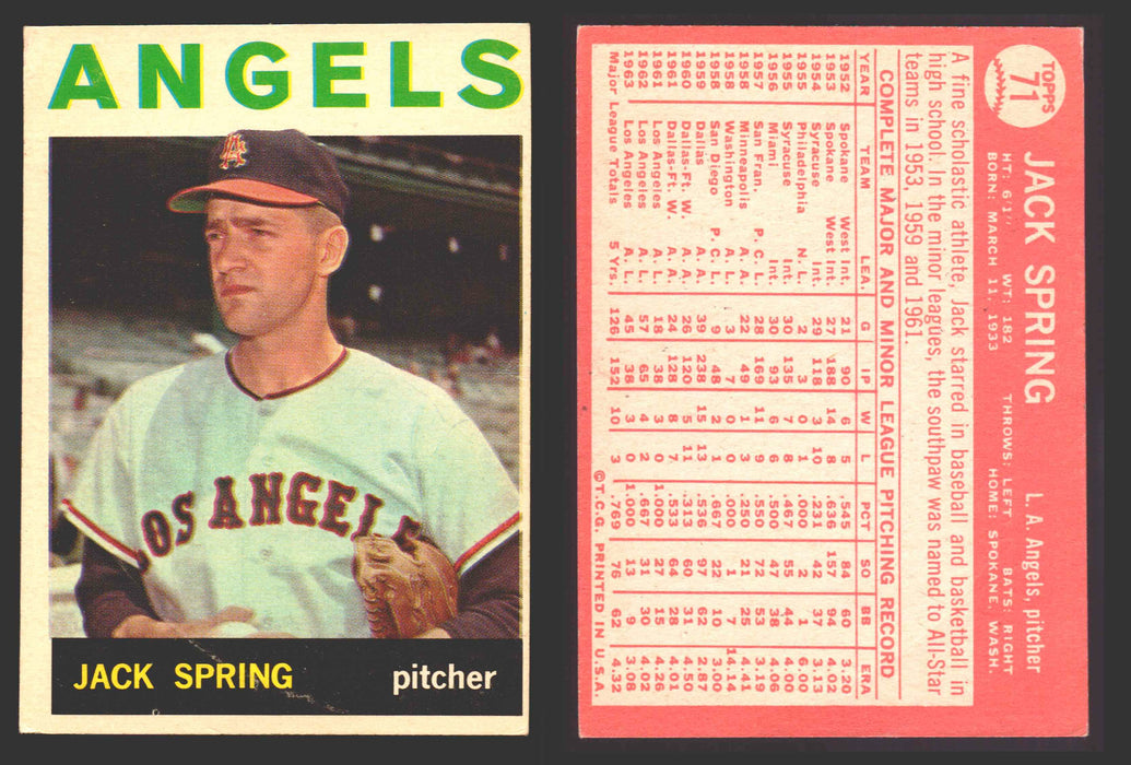 1964 Topps Baseball Trading Card You Pick Singles #1-#99 VG/EX #	71 Jack Spring - Los Angeles Angels  - TvMovieCards.com