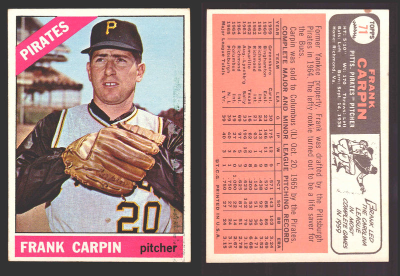 1966 Topps Baseball Trading Card You Pick Singles #1-#99 VG/EX #	71 Frank Carpin - Pittsburgh Pirates RC  - TvMovieCards.com
