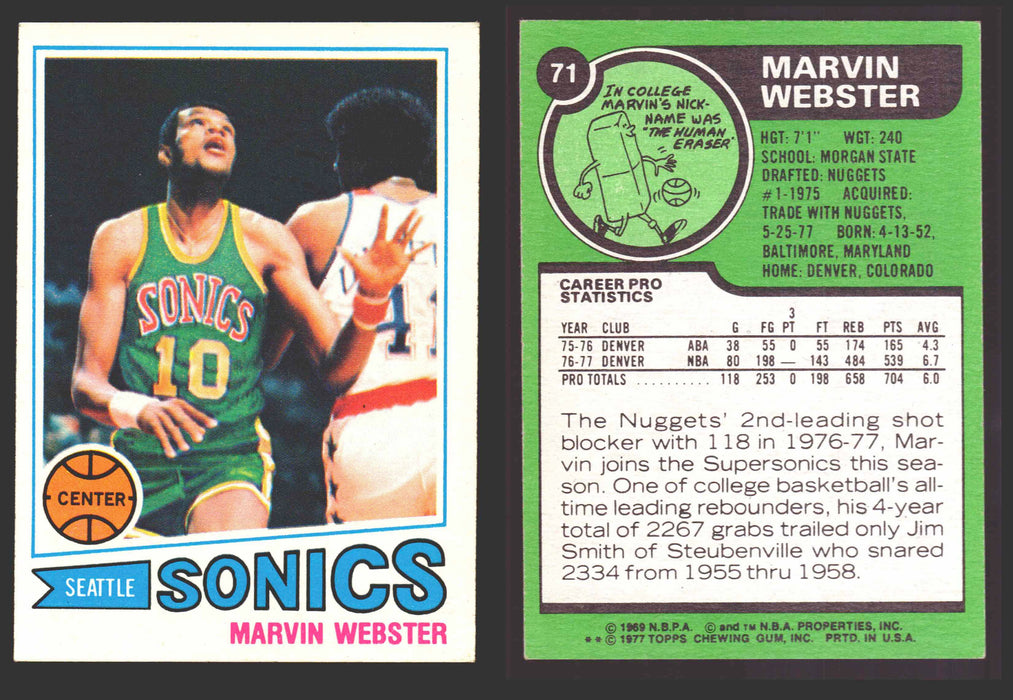 1977-78 Topps Basketball Trading Card You Pick Singles #1-#132 VG/EX #	71 Marvin Webster - Seattle SuperSonics RC  - TvMovieCards.com