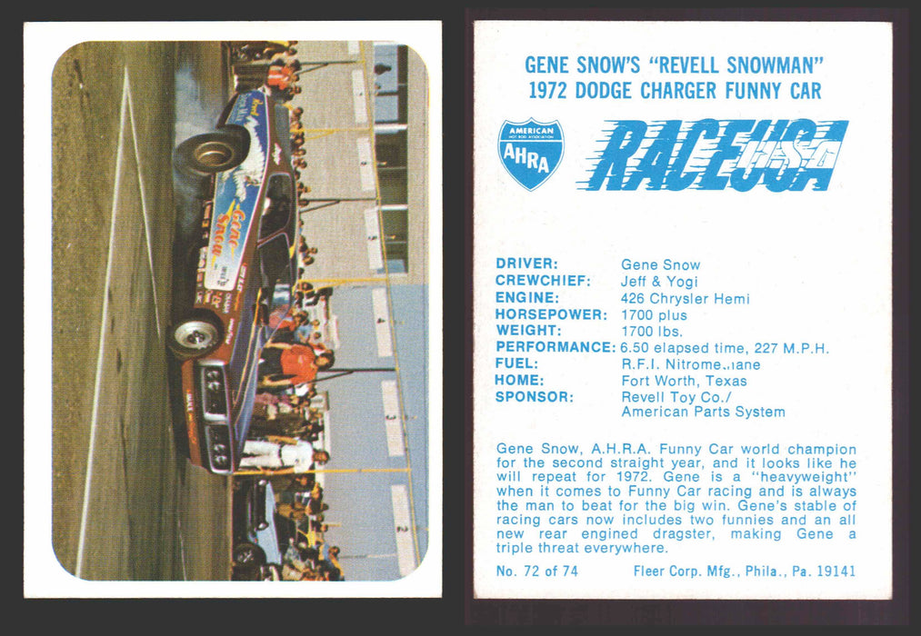 Race USA AHRA Drag Champs 1973 Fleer Vintage Trading Cards You Pick Singles 72 of 74   Gene Snow's "Revell Snowman"  - TvMovieCards.com