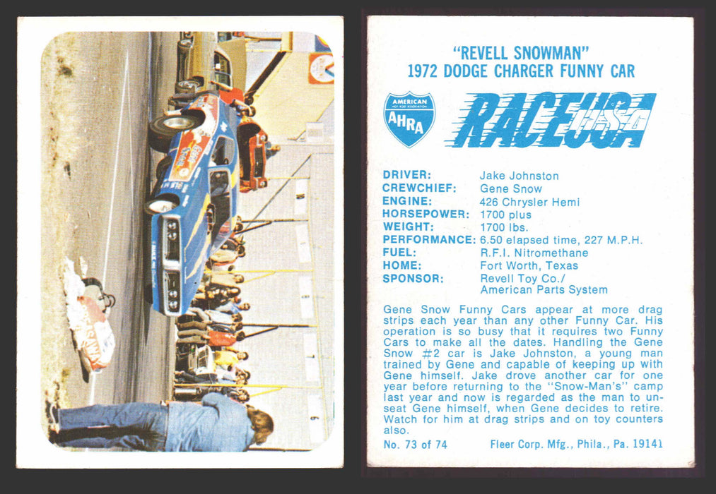 Race USA AHRA Drag Champs 1973 Fleer Vintage Trading Cards You Pick Singles 73 of 74   "Revell Snowman"  - TvMovieCards.com