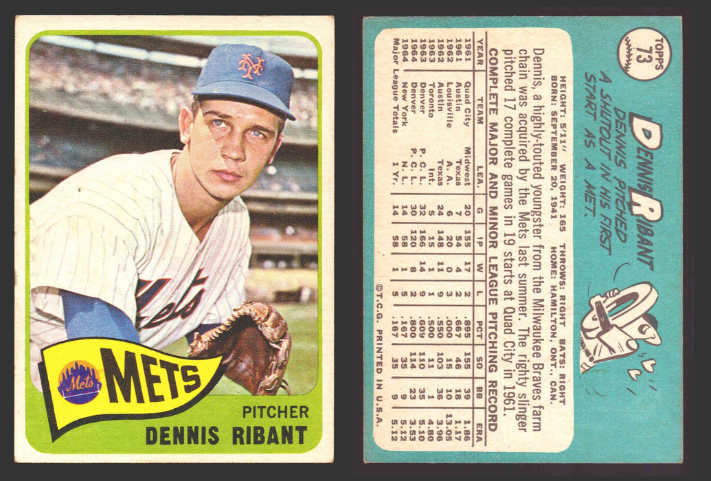 1965 Topps Baseball Trading Card You Pick Singles #1-#99 VG/EX #	73 Dennis Ribant RC - New York Mets  - TvMovieCards.com