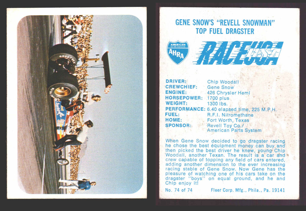 Race USA AHRA Drag Champs 1973 Fleer Vintage Trading Cards You Pick Singles 74 of 74   Gene Snow Revell Snowman  - TvMovieCards.com