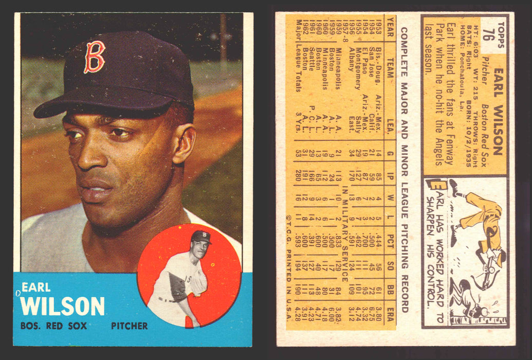1963 Topps Baseball Trading Card You Pick Singles #1-#99 VG/EX #	76 Earl Wilson - Boston Red Sox  - TvMovieCards.com