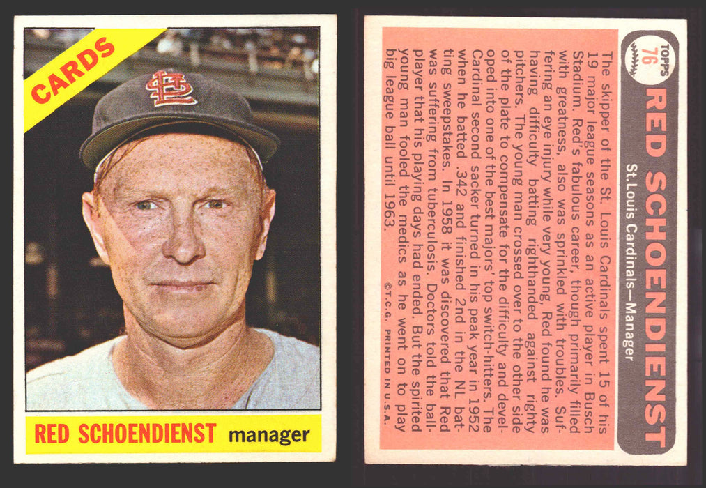 1966 Topps Baseball Trading Card You Pick Singles #1-#99 VG/EX #	76 Red Schoendienst - St. Louis Cardinals  - TvMovieCards.com