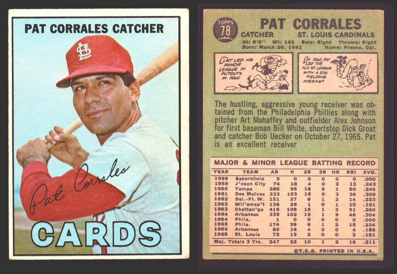 1967 Topps Baseball Trading Card You Pick Singles #1-#99 VG/EX #	78 Pat Corrales - St. Louis Cardinals  - TvMovieCards.com