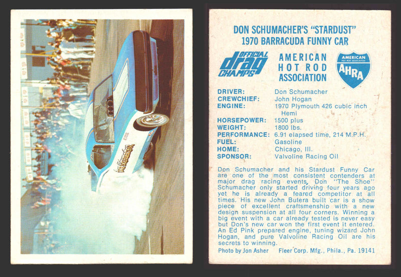 AHRA Official Drag Champs 1971 Fleer Vintage Trading Cards You Pick Singles #1-6 7 Don Schumacher's "Stardust" 1970 Barracuda Funny Car - TvMovieCards.com