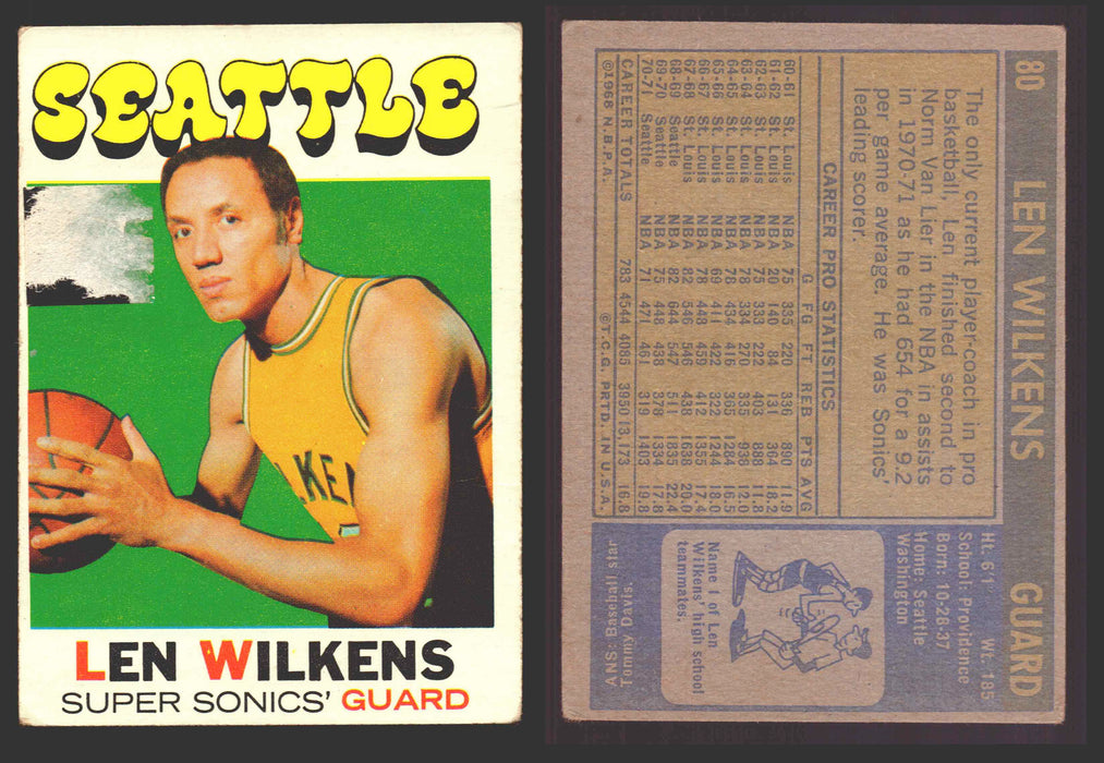 1970-71 Topps Basketball Trading Card You Pick Singles #1-#151 VG/EX #	80 Lenny Wilkens - Seattle SuperSonics  - TvMovieCards.com