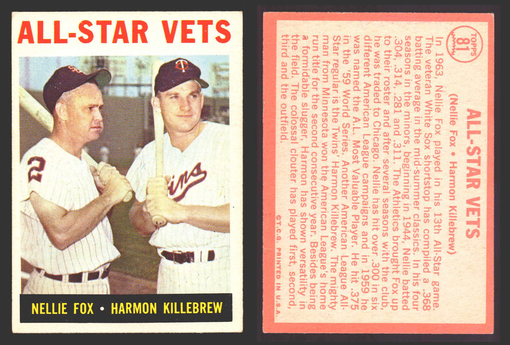 1964 Topps Baseball Trading Card You Pick Singles #1-#99 VG/EX #	81 All-Star Vets - Nellie Fox / Harmon Killebrew  - TvMovieCards.com