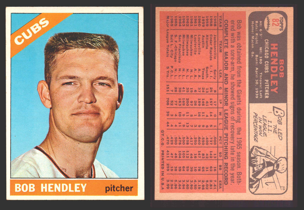 1966 Topps Baseball Trading Card You Pick Singles #1-#99 VG/EX #	82 Bob Hendley - Chicago Cubs (creased)  - TvMovieCards.com