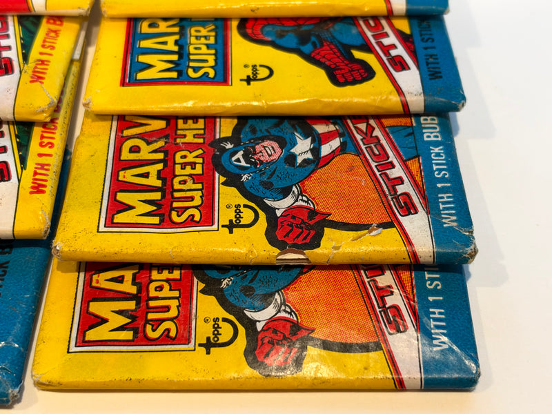 1976 Marvel Super Heroes Sticker Wax Pack Lot of 8 Spiderman Hulk Capt America