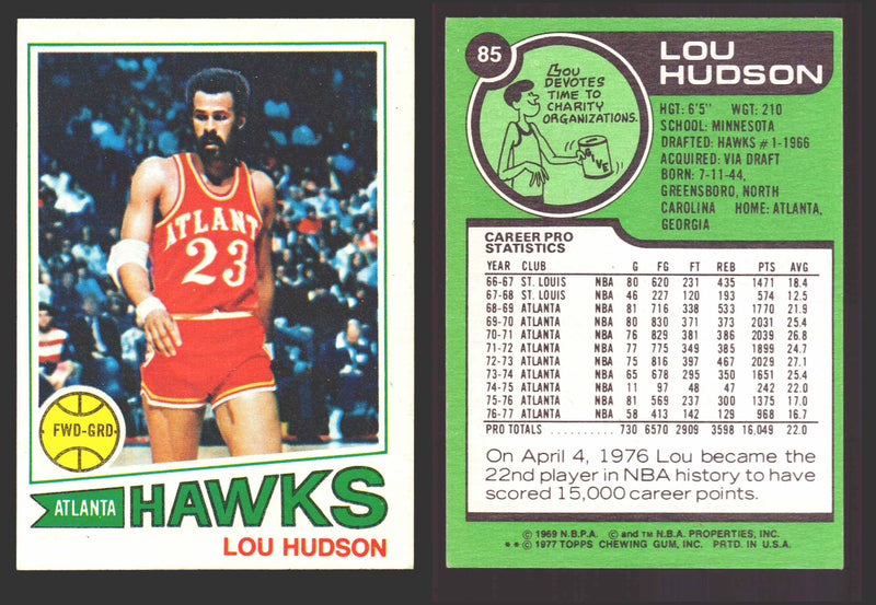 1977-78 Topps Basketball Trading Card You Pick Singles #1-#132 VG/EX #	85 Lou Hudson - Atlanta Hawks  - TvMovieCards.com