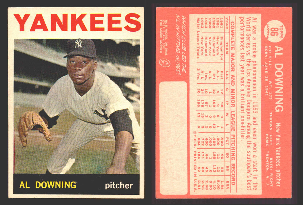 1964 Topps Baseball Trading Card You Pick Singles #1-#99 VG/EX #	86 Al Downing - New York Yankees  - TvMovieCards.com