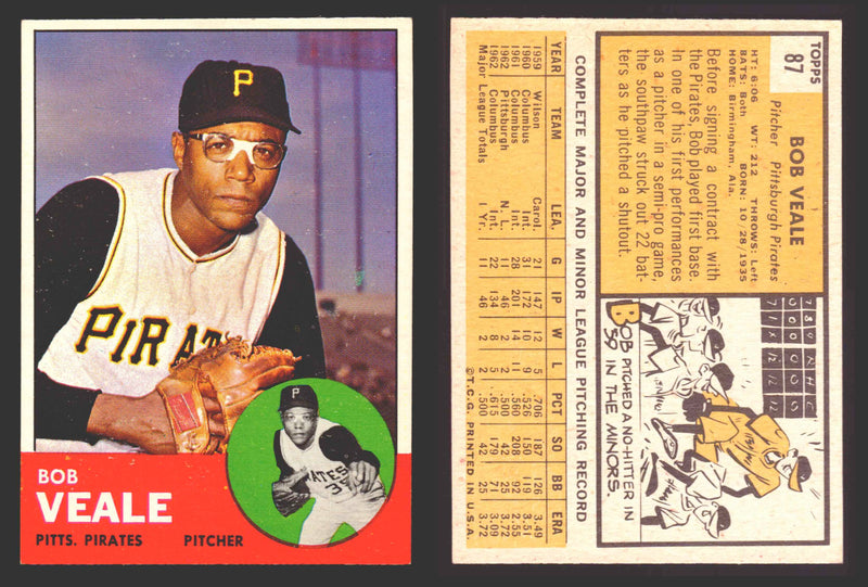 1963 Topps Baseball Trading Card You Pick Singles #1-#99 VG/EX #	87 Bob Veale - Pittsburgh Pirates  - TvMovieCards.com