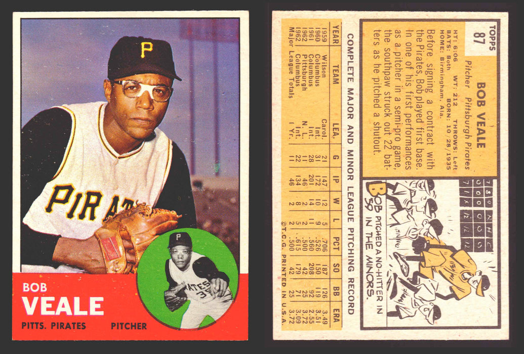 1963 Topps Baseball Trading Card You Pick Singles #1-#99 VG/EX #	87 Bob Veale - Pittsburgh Pirates  - TvMovieCards.com