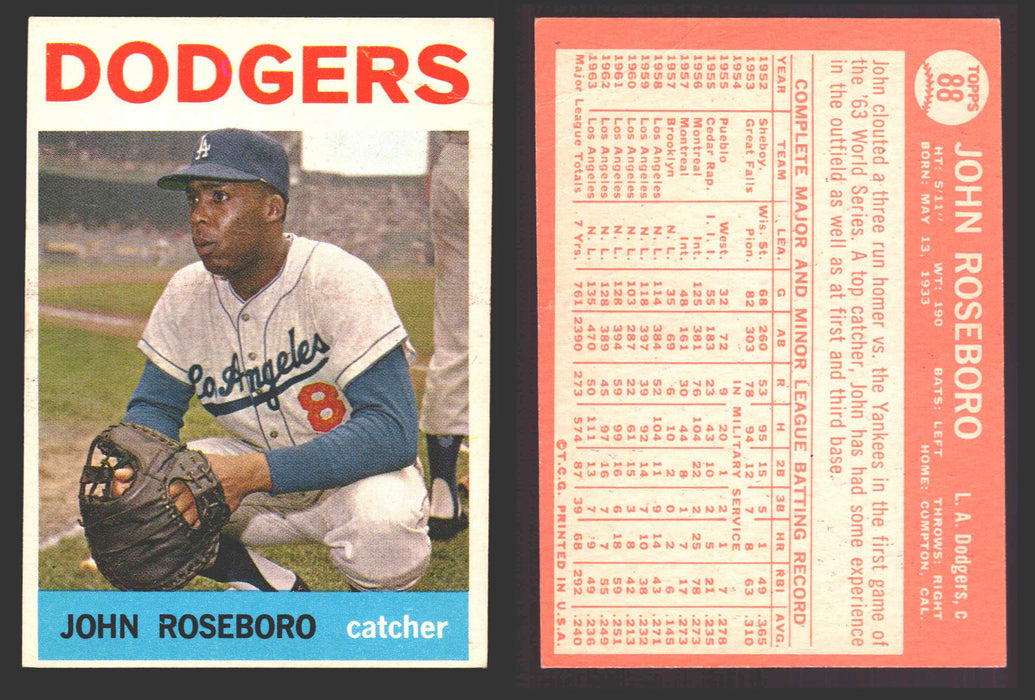 1964 Topps Baseball Trading Card You Pick Singles #1-#99 VG/EX #	88 John Roseboro - Los Angeles Dodgers (creased)  - TvMovieCards.com