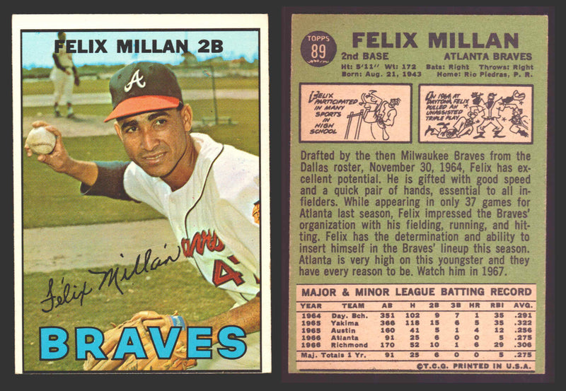 1967 Topps Baseball Trading Card You Pick Singles #1-#99 VG/EX #	89 Felix Millan RC - Atlanta Braves  - TvMovieCards.com
