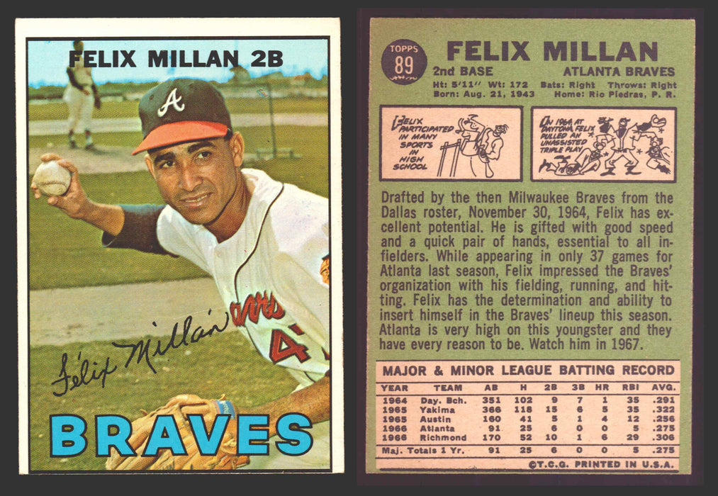 1967 Topps Baseball Trading Card You Pick Singles #1-#99 VG/EX #	89 Felix Millan RC - Atlanta Braves  - TvMovieCards.com