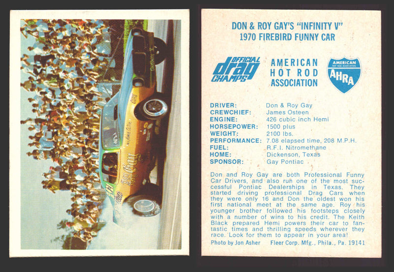 AHRA Official Drag Champs 1971 Fleer Vintage Trading Cards You Pick Singles #1-6 8 Don & Roy Gay's "Infinity V" - TvMovieCards.com