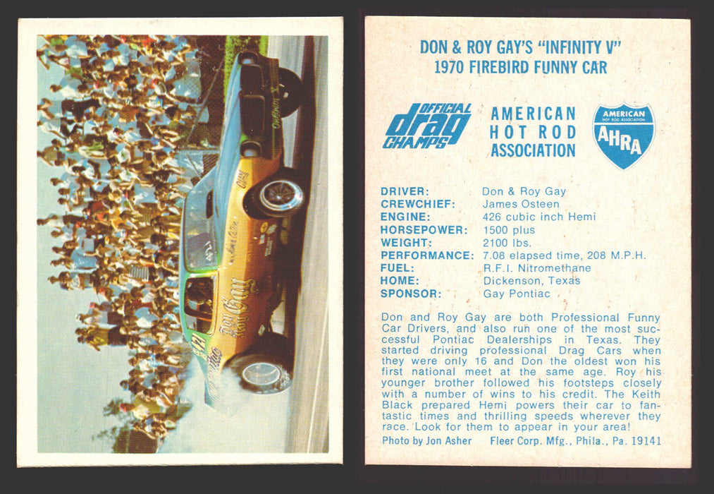 AHRA Official Drag Champs 1971 Fleer Vintage Trading Cards You Pick Singles #1-63 8   Don & Roy Gay's "Infinity V"  - TvMovieCards.com