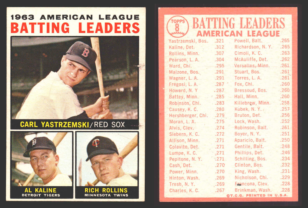 1964 Topps Baseball Trading Card You Pick Singles #1-#99 VG/EX #	8 1963 AL Batting Leaders - Carl Yastrzemski / Al Kaline / Rich Rollins  - TvMovieCards.com