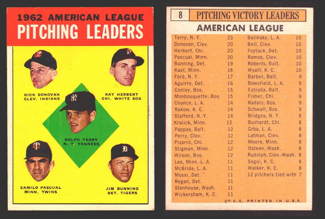 1963 Topps Baseball Trading Card You Pick Singles #1-#99 VG/EX #	8 1962 AL Pitching Leaders - Ralph Terry / Dick Donovan / Ray Herbert / Camilo Pascual / Jim Bunning  - TvMovieCards.com
