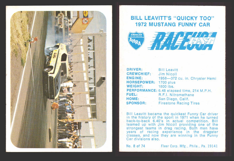 Race USA AHRA Drag Champs 1973 Fleer Vintage Trading Cards You Pick Singles 8 of 74    Bill Leavitt's "Quicky Too"  - TvMovieCards.com