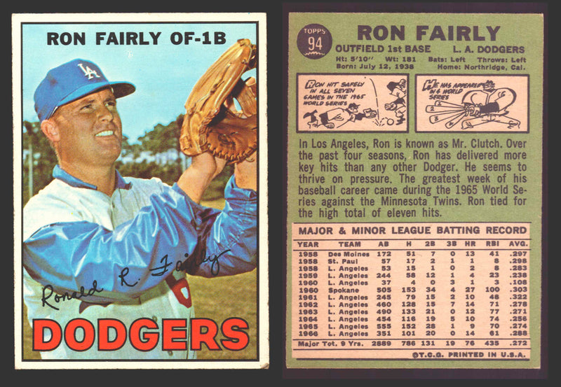 1967 Topps Baseball Trading Card You Pick Singles #1-#99 VG/EX #	94 Ron Fairly - Los Angeles Dodgers  - TvMovieCards.com