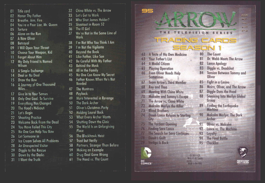 Arrow Season 1 Gold Parallel Base Trading Card You Pick Singles #1-95 xx/40 #	  95   Trading Cards Season 1 [Checklist]  - TvMovieCards.com