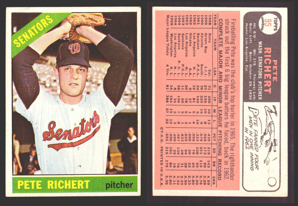 1966 Topps Baseball Trading Card You Pick Singles #1-#99 VG/EX #	95 Pete Richert - Washington Senators  - TvMovieCards.com